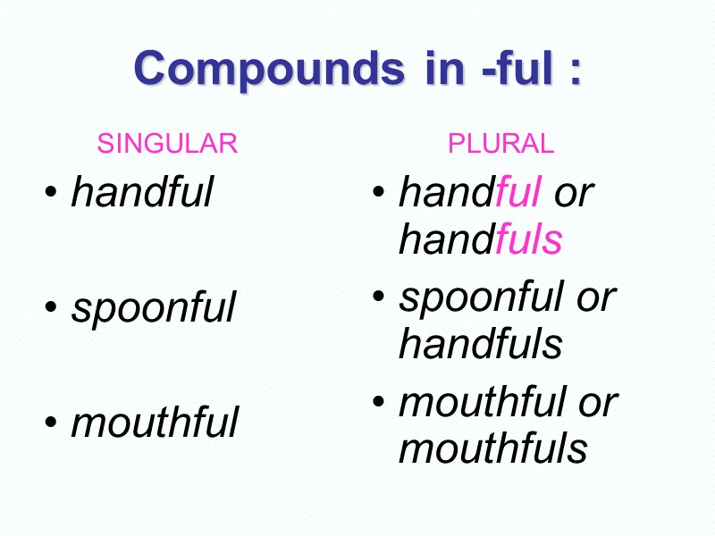 Compounds in -ful :        SINGULAR handful 